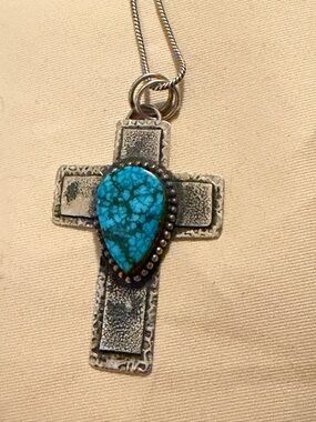 .925 Sterling Silver Cross & Turquoise Teardrop Pendant Necklace